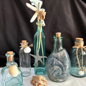 Vintage Variety Bottles Collection & Tall Blue Square Bottle-Cruet Bottle-Round Bottle w/Cork-Embossed Shell-Seahorse-Beach Décor-Home Decor