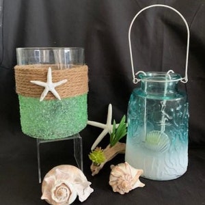 Large Glass Candle Holder by Nantucket Home-Lanterns Candle Glass and Metal Holder-Small Conch Shell-Sm Whelk Shell-Beach House Decor-Rare