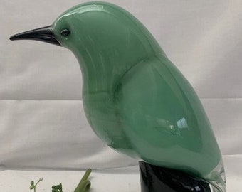 Vintage Beautiful Rare Hand-Blown Murano Glass Bird Foam-Green and Black Signed by Artist Pino Signoretto-Collectable