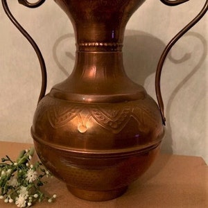 Vintage Handmade Copper Vase Amphora Shape Planter Double Handles with Hobnail Design Embossed and hammer Style -Rare