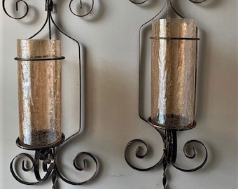 Modern Pair of Tall Large Wall Candle Sconce Bronze/Black Iron Candle Holder w/Crackle Glass-Bronz Tint Cylinder-Wall Mounted-Home Décor