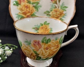 Vintage Royal Albert "Tea Rose" Pattern Teacup and Saucer Set - Yellow Roses and Green Leaves-Made in England