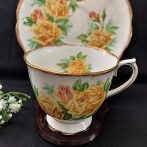 Vintage Royal Albert "Tea Rose" Pattern Teacup and Saucer Set - Yellow Roses and Green Leaves-Made in England