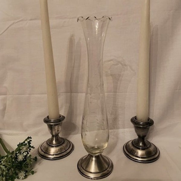 Vintage Pair of Sterling Weighted Silver Candlestick Holder & Duchin Creations Sterling Weighted Vase Ruffled Etched Glass-Home Decor