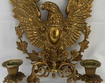 Vintage Rare Eagle Crest Shield Brass Tone Wall Sconce Cast Metal 2 Arm Candlestick Holders-Home Decor