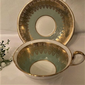 Vintage Aynsley Bone China Foam Green with Gold Scrolls Floral Teacup & Saucer-Made in England