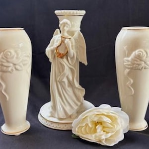 Vintage Lenox Bone China Collection Angel Candlestick with Harp-Lenox Bone China Ivory Rosebud Vases with 24 K Gold Trim-Retired-Home Decor