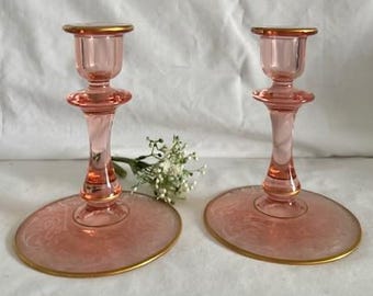 Vintage Cambridge Glass Co. Pair of Pink Depression Glass with Embossed Design and Gold Trim Around- Rare Find- USA