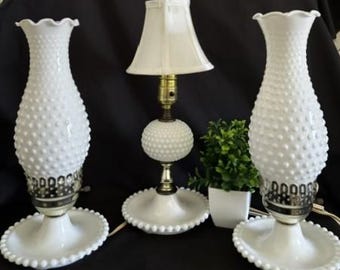 Vintage Milk Glass White Hobnail Base Electric Table Lamp w/Milk White Glass Chimney Hobnail Shade-Boudoir Lamp w/Lamp Cloth Clip On-Cottage