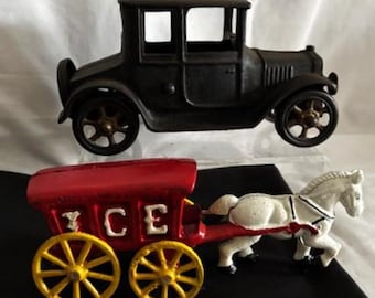 Vintage Cast Iron Antique Car Model-T -Horse Drawn Ice Wagon with White Horse -Collectible