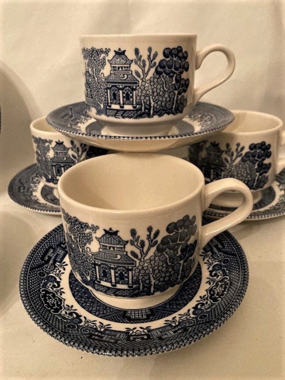 Set Da Tè Churchill Blue Wollow: 4 Tazze E 4 Piattini, Porcellana Inglese, Made In England - 5