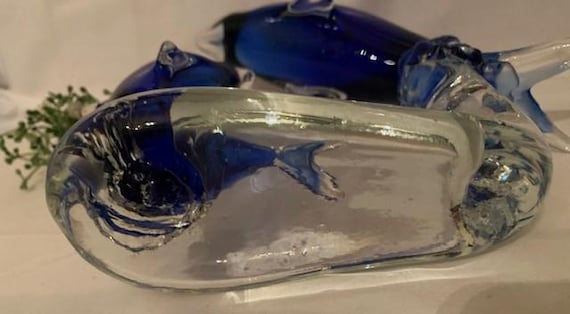 Vintage Murano Hand-blown Glass Large Clear and Cobalt Blue Glass