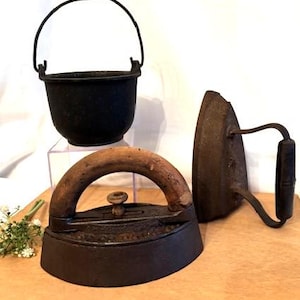 Vintage/Antique No. 7 Sad Iron-Small Black Cast Iron Melting Pot-Sad Iron No. 55 by &quot;Enterprise MFG Co. Phila PA-1900&#39;s-Rustic Home Decor