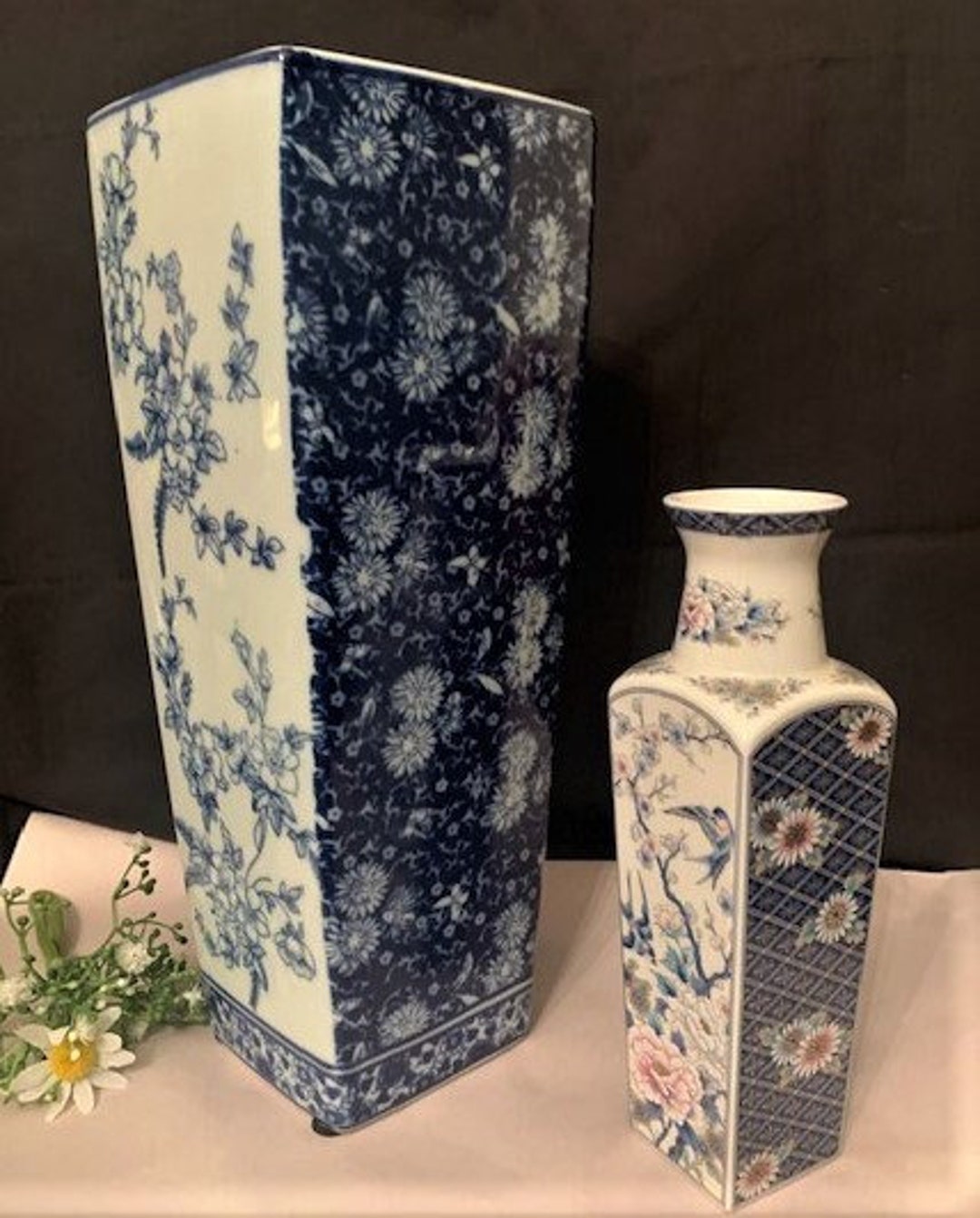 Vintage Japanese Tall Cobalt Blue and White Square Shape Vasemed