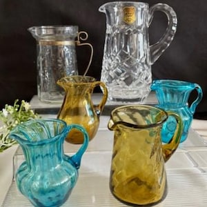 Vintage MCM Hand-Blown Art Glass Small Pitcher Variety Collection-Aqua Blue-Amber-Crystal Creamer-Etched Creamer- Home Decor Collection