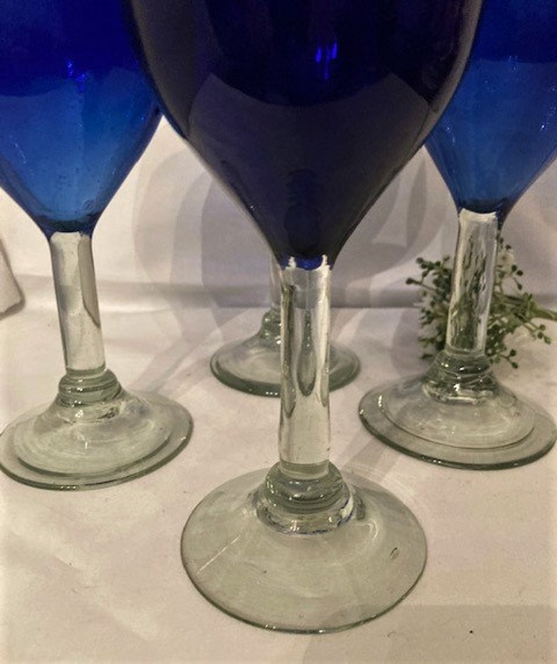 Vintage Hecho En Mexico Hand Blown Wine Glasses Cobalt Blue Etsy