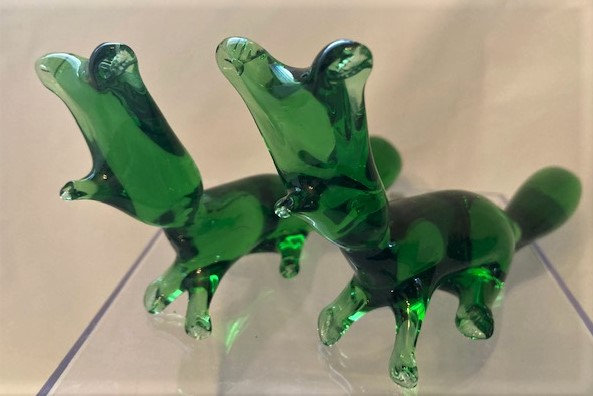 Vintage Set of 2 Fox Figurines Emerald Green Hand Blown Glass Art