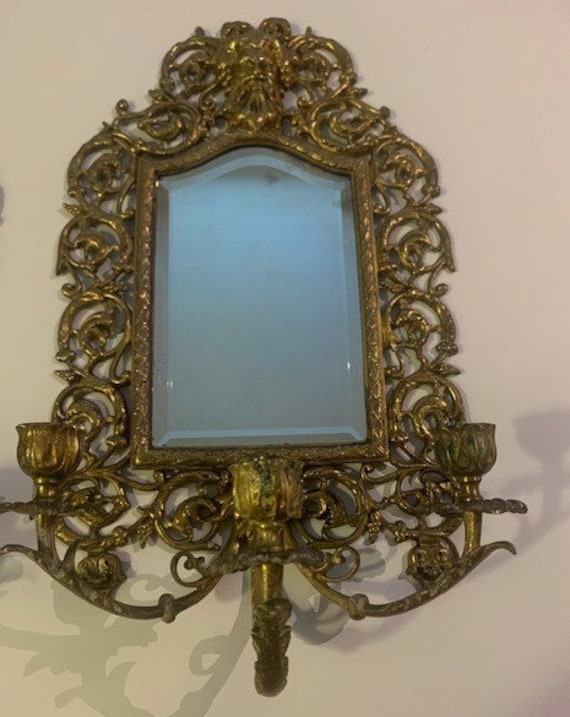 Vintage Antique Bradley & Hubbard Brass Mirrored Three-Arm Candle Wall Sconce-Home Decor