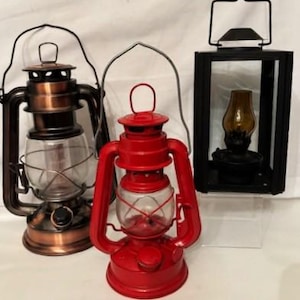 Vintage Variety Oil Lamps -Black Metal Square Lantern w/Clear Glass Side Panels Mini Oil Lamp-Red Metal-Led Brass/Copper Lamp-Home Decor