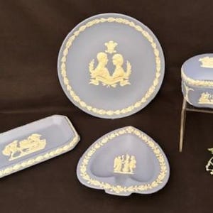 Vintage Wedgewood Jasperware White/Blue Collection-Royal Wedding Plate-Rectangular Wedding Tray-Lidded Trinket Box-Heart Shape Dish-Collecto