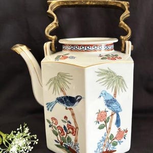 Vintage Mikado Large Porcelain Hexagonal Teapot or Coffee Pot with Heavy Brass Handle "Taster Setter Sigma"- Made in Japan