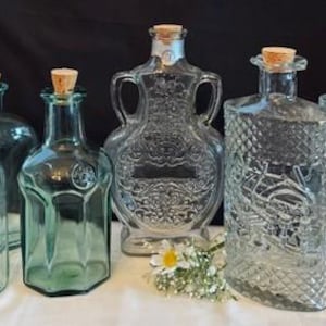Vintage Variety of Decanter Anchor Hocking Glass Decanter-Old Grand Dad-Old Forester-Green Glass Decanter Octagon Shape-Glass Bottle w/Cork