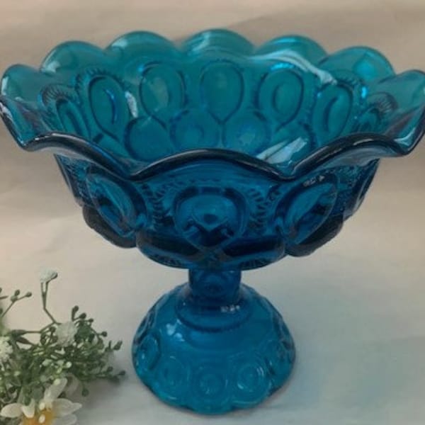 Vintage L.E. Smith Aqua Blue Turquoise Glass Hand Blown Collection Pedestal Candy Bowl Moon/Stars Pattern -Art Glass Décor- Mid Century