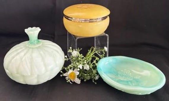 Vintage Variety Italian Genuine Alabaster Stone Trinket Lidded Box-Avon 1970s Victorian Jadeite Milk Glass Soap Dish-Made in Italy-Collector