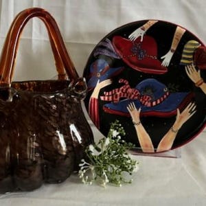 Vintage Hand-Blown Purse Shape Glass Vase Amber and Brown- Susan Winget Red Hat Society 8&quot; Plate CI-Vases with Handles-Art Glass