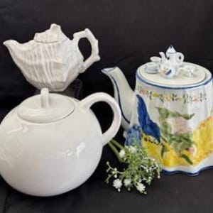 Vintage Porcelain White Teapots &quot;Tea Party&quot; Theme w/Cobalt Blue Yellow Green Pink--Home Decor