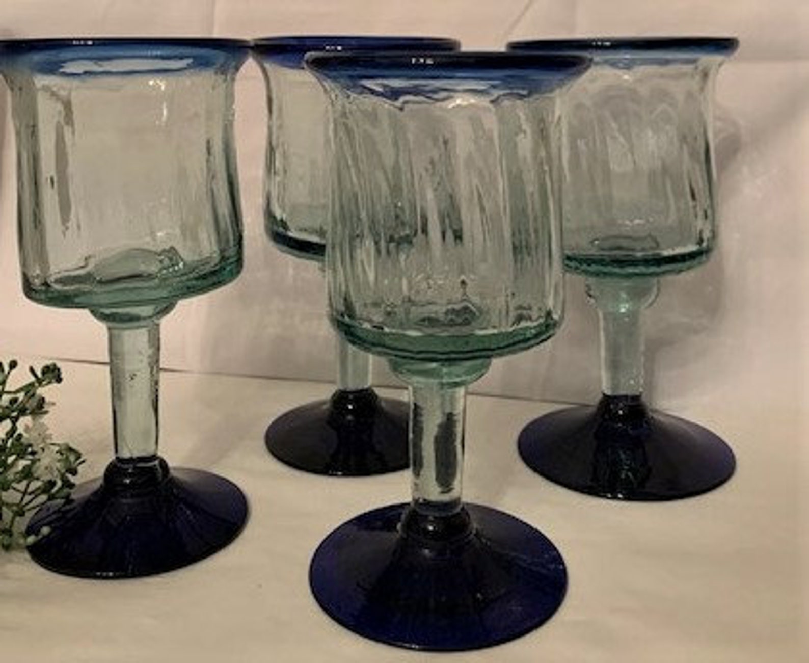 Vintage Handblown Mexican Wine Glasses Cobalt Blue Rim With Etsy
