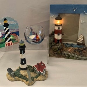 Vintage Nautical Beach Collection-Lighthouse Ceramic Picture Frame-Glass Votive Holders-Lighthouse-Nautical -Coastal