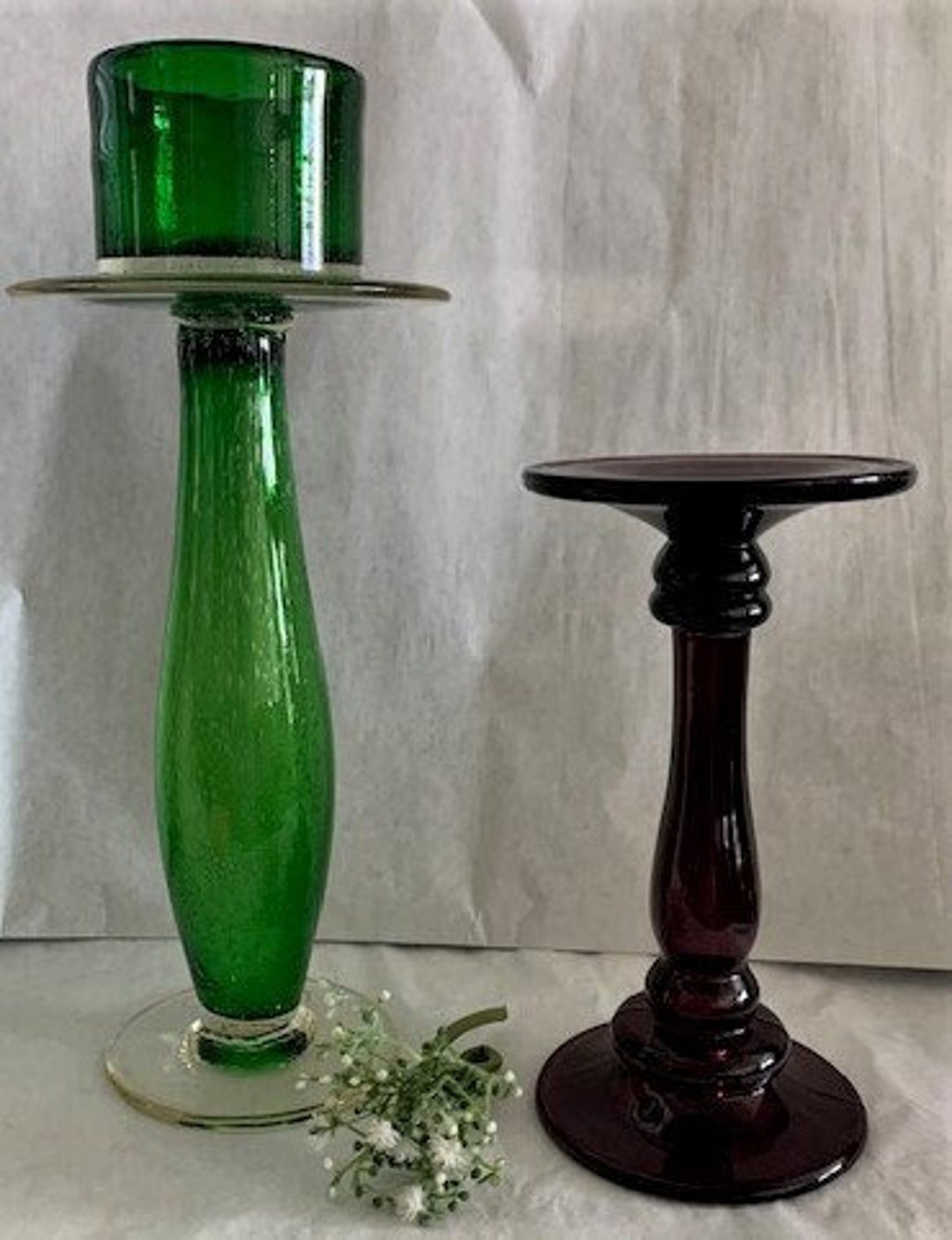 Vintage Emerald Green Control Bubble Glass Tall Pedestal Candle Holder