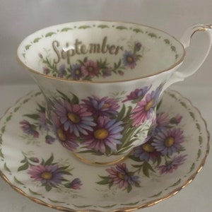 Vintage Royal Albert &quot;Flower of the Month&quot; September &quot;Michaelmas Daisy&quot; Teacup & Saucer- Collector- Made in England