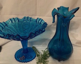 Vintage Imperial American Handgefertigte Glas Azurblaue Sockelschale - Mundgeblasene Murano 4 Blütenblatt Azurblaue Glasvase-Wohnkultur