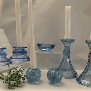 Vintage Variety Collection Candlestick Holders - Fostoria Tall Icy Blue &quot;Virginia&quot;-Whitefriars Blue Bubble Control -Federal Glass Pair Blue