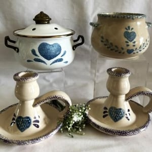 Vintage Pair Stoneware Country Style Candlesticks w/Strawberry-Metal Potpourri Pot-Pottery Pair Candlesticks w/Finger Holder-Country Decor