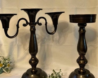 Vintage Brass Metal  with Bronze Finish Tall 3 Candlestick Holder Stands & Tall Bronze Finish Pilar Candle Holder Stand - Made in India