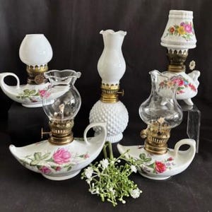Vintage MCM Variety Collection of Small Mini Porcelain Oil Lamps w/Shades-Variety Style and Shape-Collector-Made in Japan-China-Home Decor
