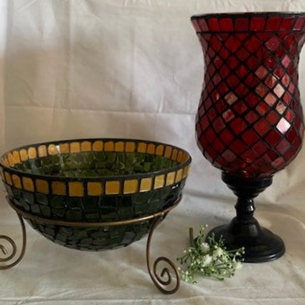 Vintage Green and Gold Mosaic Glass Bowl w/Metal Stand & Vintage Tall Large Red Mosaic Hurricane Lamp Candle Holder-Home Decor