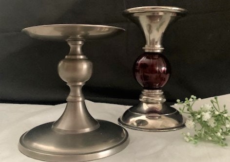 Vintage Silver Metal Pilar Candle Holder with Red Glass Ball & Pewter Pilar Candle- Made in India-Home Decor