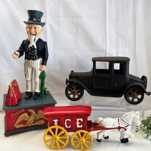 Vintage Uncle Sam Cast Iron Working Mechanical Coin Piggy Bank-Horse Drawn Ice Wagon with White Horse -Collectible- Made in Taiwan