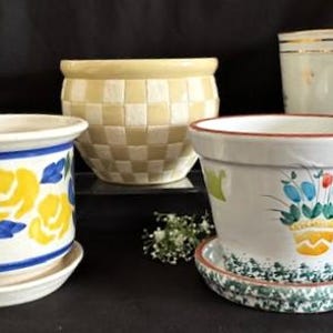 Vintage Variety Ceramics Round Planter Pot Floral Design -Hand Painted Pots with Plates-Checker Pot-Cache Flowerpot-Made in China-Vietnam