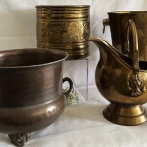 Secchio per cenere e carbone vintage in ottone, piccolo, con manico in blu Delft e testa di leone - Vaso da fiori in ottone - Decorazione rustica