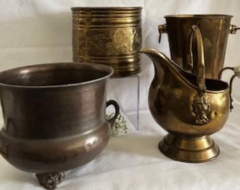 Vintage Small Brass Ash Coal Scuttle Bucket Delft Blue Handle Lions Head-Variety Brass Planter Pot-Farmhouse Décor