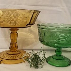 Vintage/Antique EAPG Yellow Topaz Open Medallion Oval Shape Glass Footed/Pedestal Bowl-E.O. Brody Co. Emerald Green Pedestal Bowl-Home Decor