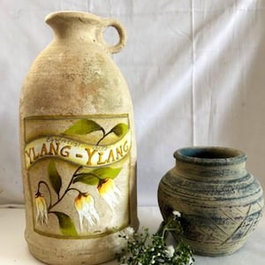 Vintage Ceramic Handcrafted Beige Jug/Vase w/Graphic Design Ylang-Ylang with Finger Holder-Clay Pot Southwestern Style-Made in Philippines