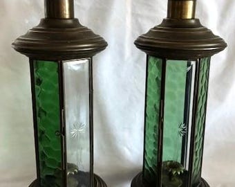 Vintage MCM Pair of Hanging Brass Lamps with Six's Glass Panels 3 Clear Etched & 3 Green Texture Geometric Design-Home Decor-Rare