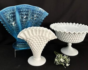 Vintage MCM Fenton Variety Collection Large Blue Opalescent Glass Crimped Hobnail Fan Vase Style- Pedestal Bowl-Hobnail Vase-Collectible