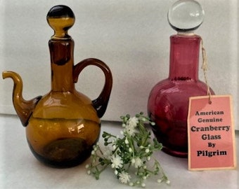vintage American Genuine Cranberry Glass by Pilgrim Bottle / Mid-Century Amber Cruet Hand Blown Glass Bottle - Rare Art Glass